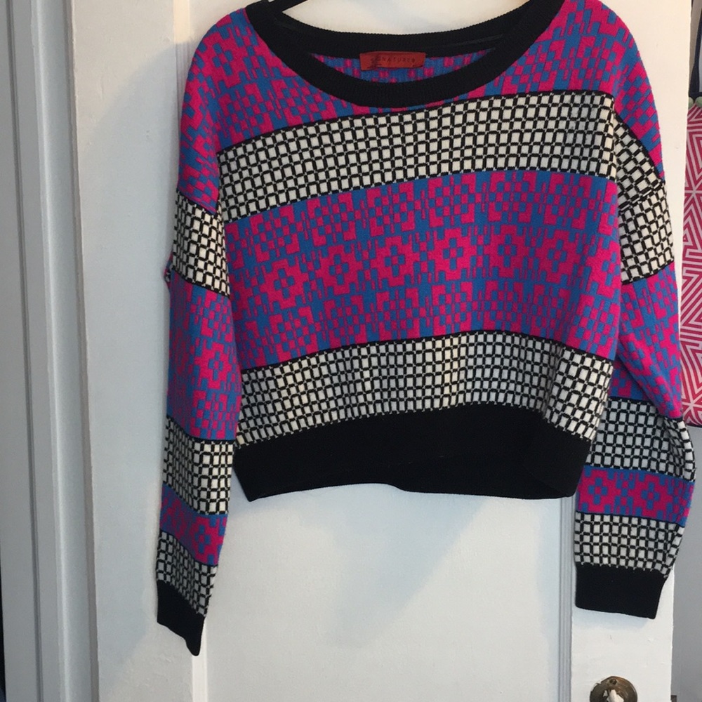 Multipattern scoop neck sweater